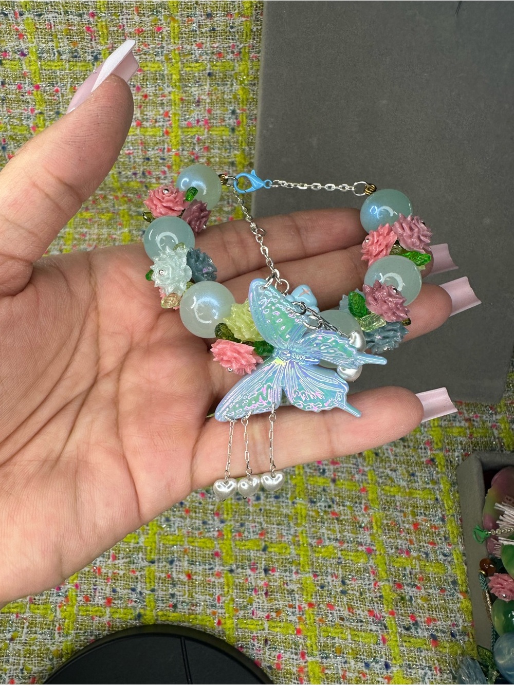 Blue Butterfly, acrylic flower with Coral beads Charm Bracelet